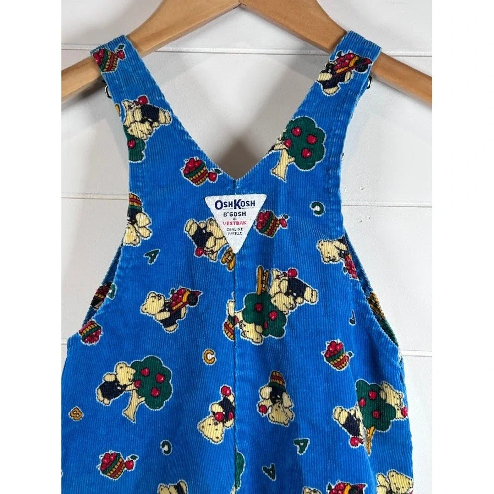 Vintage OshKosh‎ Kids Corduroy Overalls Blue Bear Tree Print Adjustable Straps